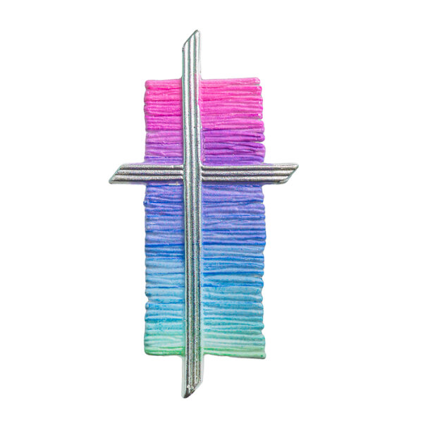 Wachsmotiv Kreuz mit Hintergrund pink-violett-blau-grün 11,5x6cm