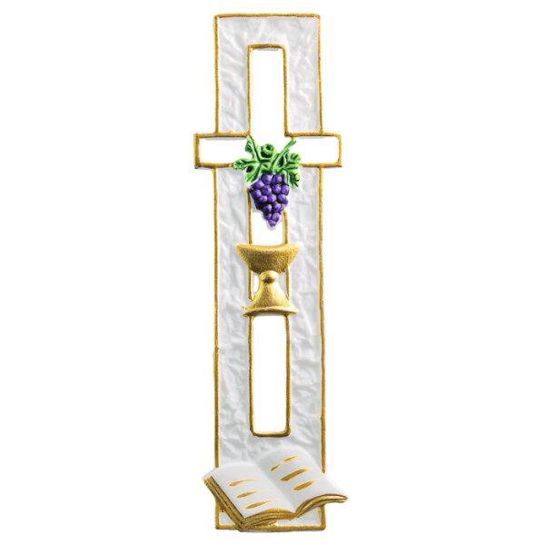 Wachsmotiv Kommunionkerze - Edles Emblem mit Bibel, Kelch und Traube, gold bunt