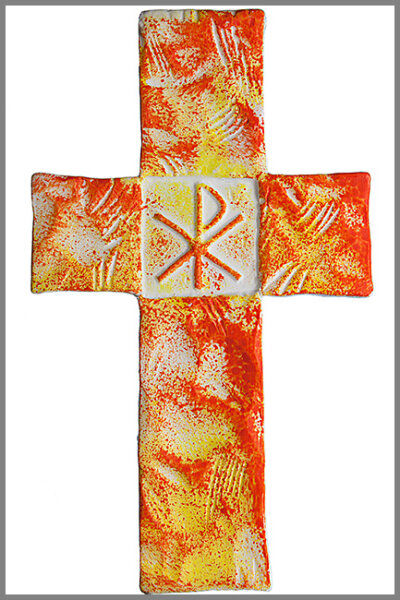 Wachsmotiv Kreuz in gelb-orange mit PX, zum Kerzen verzieren