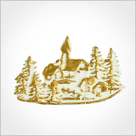 Wachsmotiv Weihnachtskerzen - Weihnachtsdorf im Wald, weiß-gold