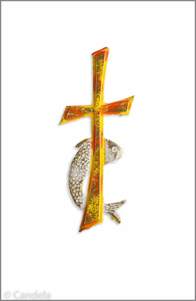 Wachsmotiv Kreuz mit Fisch, orange gelb-gold