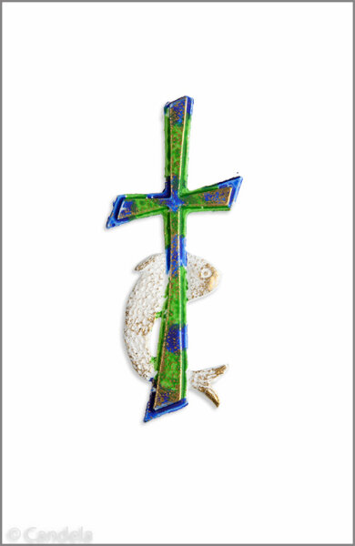 Wachsmotiv Kreuz mit Fisch, grün-blau-gold