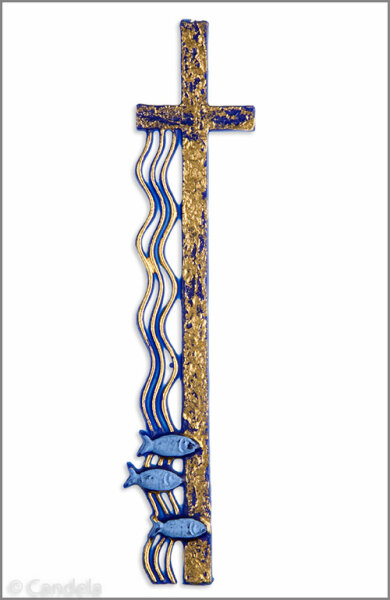 Wachsmotiv Kreuz mit Wellen und Fischen blau-gold