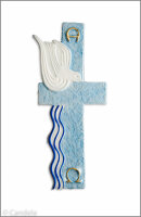 Wachsmotiv Kreuz mit A u.O, Welle u. Taube, hellblau