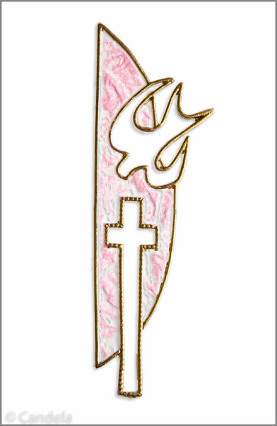 Wachsmotiv Taufkerzemblem mit Kreuz u. Taube, rosa-gold