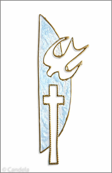 Wachsmotiv Taufkerzemblem mit Kreuz u. Taube, hellblau-gold