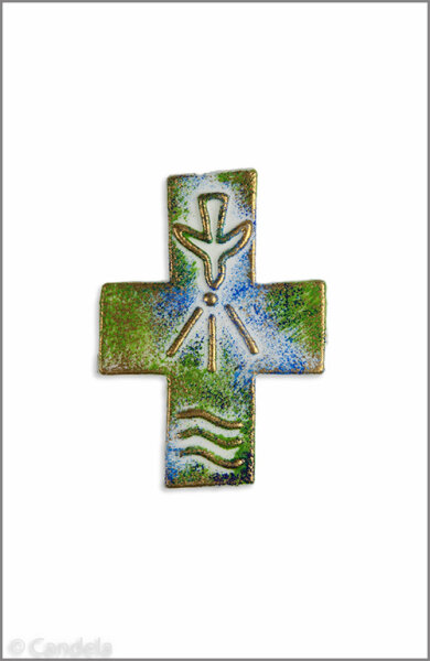 Wachsmotiv Kreuz mit Taufemblem, grün-blau-gold