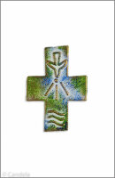 Wachsmotiv Kreuz mit Taufemblem, grün-blau-gold